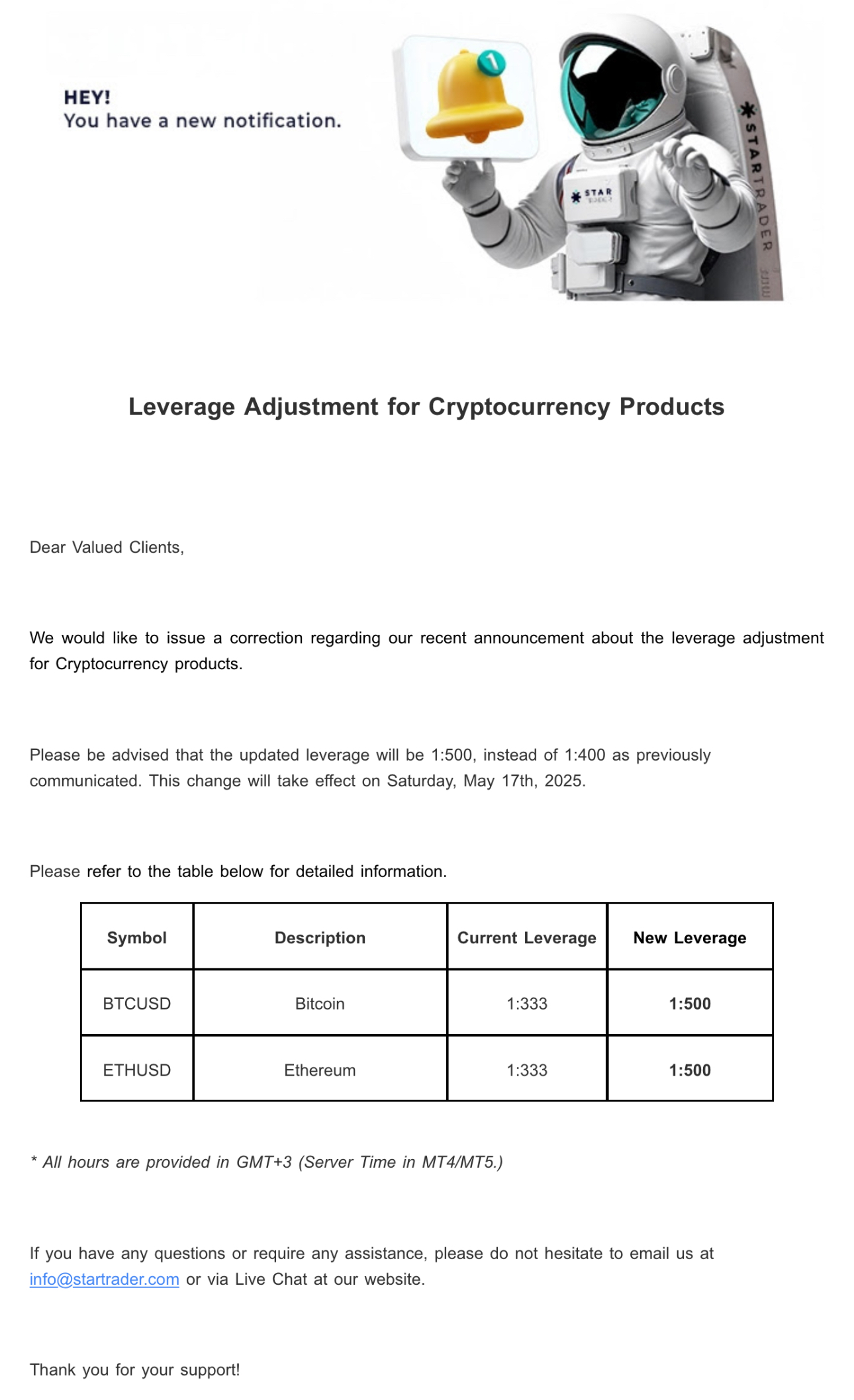 STARTRADER（スタートレーダー）のBitcoinとETHのレバレッジですが、誤配信だったようで400倍ではなく500倍になるようです。 500倍だと、現